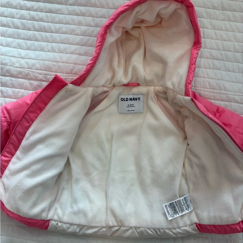 Old Navy Water Resistant Quilted Graphic Hooded Puffer Coat Pink Sz 6-12 months